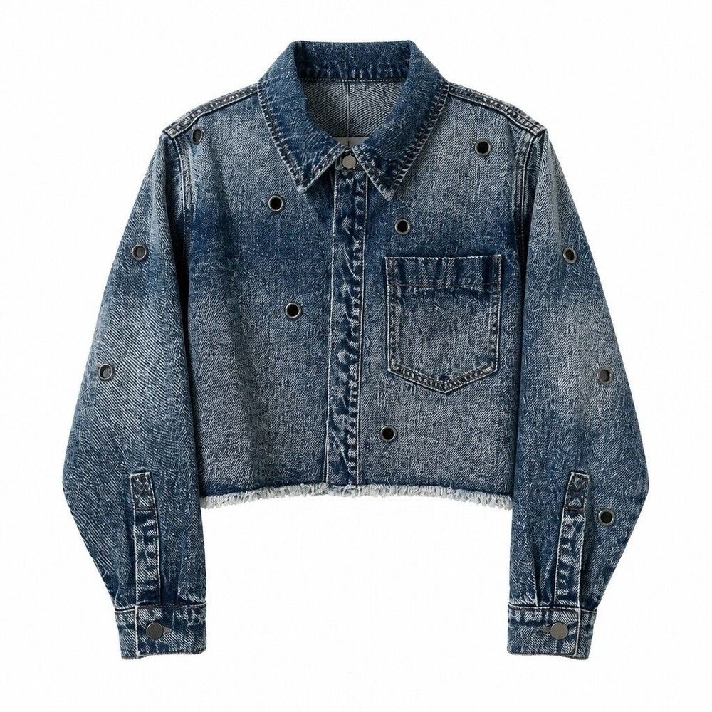 Ethik PTCL cropped denim raw hem jacket silver-tone metal grommet/eyelet Sz S